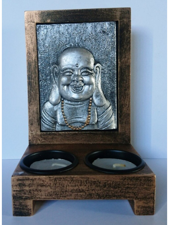 Kerzenständer aus Holz, Buddha aus Harz 10x16cm