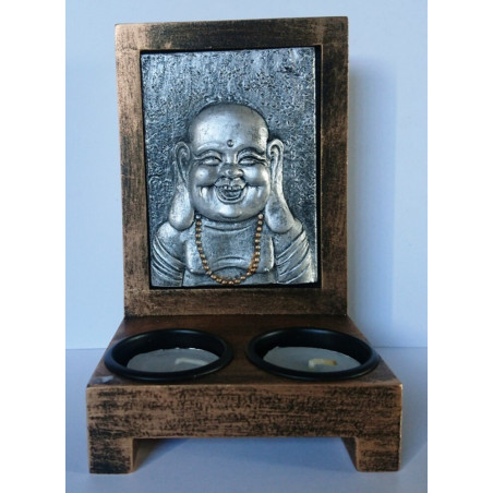 Kerzenständer aus Holz, Buddha aus Harz 10x16cm
