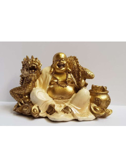 Buddha Figur aus Harz in weißem Gewand mit Drache