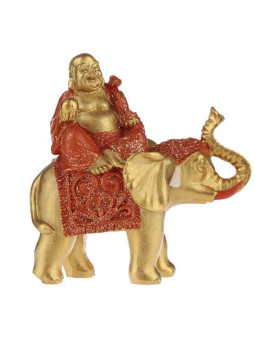 Glücksbuddha-Figur auf Elefant sitzend, orangefarbenes Gewand. 8 cm hoch x 8 cm breit