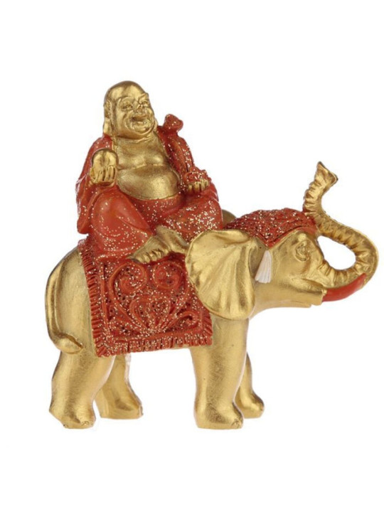 Glücksbuddha-Figur auf Elefant sitzend, orangefarbenes Gewand. 8 cm hoch x 8 cm breit