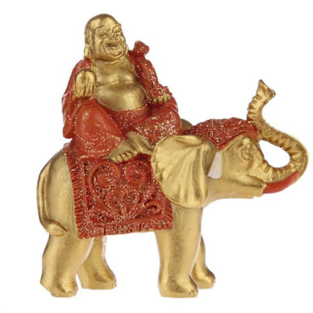 Glücksbuddha-Figur auf Elefant sitzend, orangefarbenes Gewand. 8 cm hoch x 8 cm breit