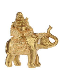 Glücksbuddha-Figur auf Elefant sitzend, gelbes Gewand. 8 cm hoch x 8 cm breit