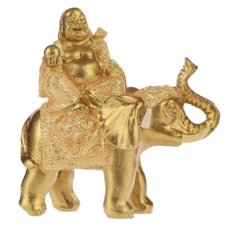 Glücksbuddha-Figur auf Elefant sitzend, gelbes Gewand. 8 cm hoch x 8 cm breit