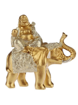 Glücksbuddha-Figur auf Elefant sitzend, graues Gewand. 8 cm hoch x 8 cm breit
