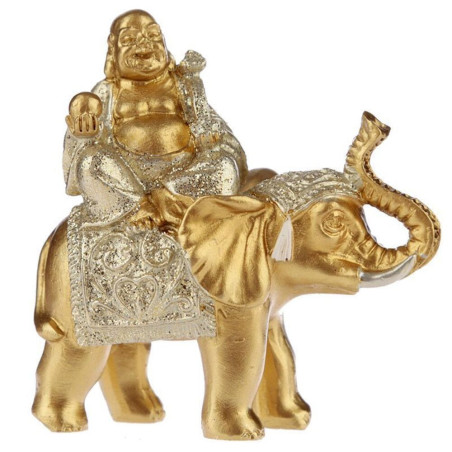 Glücksbuddha-Figur auf Elefant sitzend, graues Gewand. 8 cm hoch x 8 cm breit