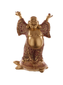 Stehender Buddha auf Schildkröte mit erhobenen Händen, rot und gold