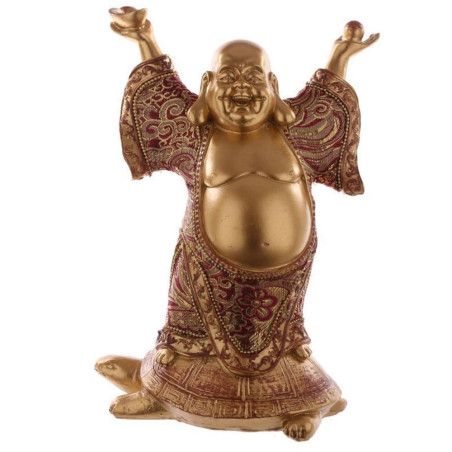 Stehender Buddha auf Schildkröte mit erhobenen Händen, rot und gold