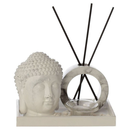 Schilfrohr-Diffusor und Kerzenständer, Buddha-Kopf mit Marmor-Effekt
