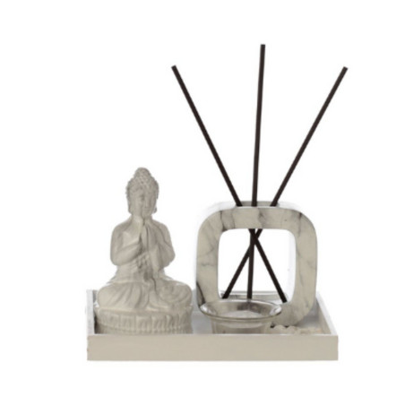 Schilfrohr-Diffusor und Kerzenständer, Buddha meditiert Marmor-Effekt