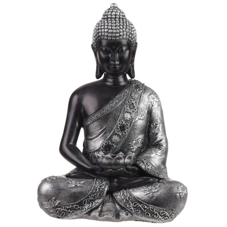 Sitzender Thai-Buddha Schwarz und Silber, 30 cm x 14,5 cm