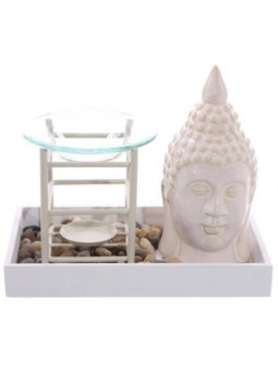 Ölbrenner im Tablett, mit weißem Buddha und Steinen