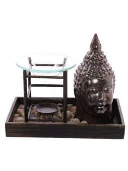 Ölbrenner im Tablett, mit bronzefarbenem Buddha und Steinen