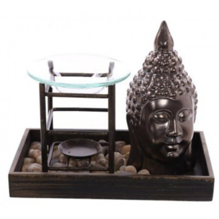 Ölbrenner im Tablett, mit bronzefarbenem Buddha und Steinen