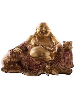 Sitzender Buddha mit Geldsack. Rot und Gold. 12cm hoch x 20,5 breit
