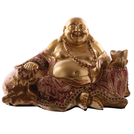 Sitzender Buddha mit Geldsack. Rot und Gold. 12cm hoch x 20,5 breit