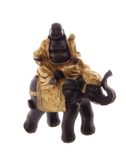 Lachender Buddha auf Elefant, Braun und Gold. 10,5 cm hoch x 9 cm breit.