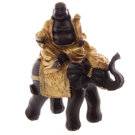 Lachender Buddha auf Elefant, Braun und Gold. 10,5 cm hoch x 9 cm breit.