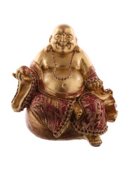 Sitzender Buddha im Geldsack, Rot und Gold. 11 cm hoch x 11 cm breit