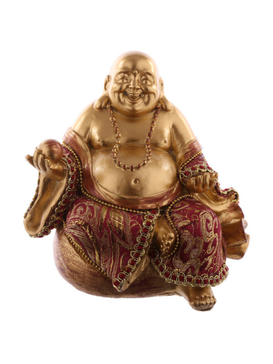 Sitzender Buddha im Geldsack, Rot und Gold. 11 cm hoch x 11 cm breit