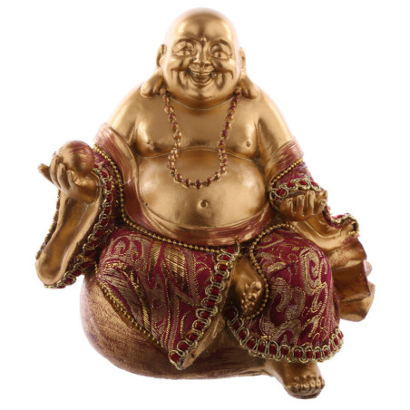 Sitzender Buddha im Geldsack, Rot und Gold. 11 cm hoch x 11 cm breit
