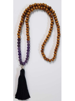 Buddhistische Halskette Holz und Amethyst mit Buddha-Amulett