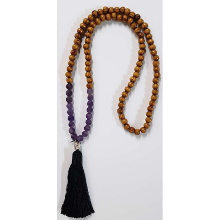 Buddhistische Halskette Holz und Amethyst mit Buddha-Amulett