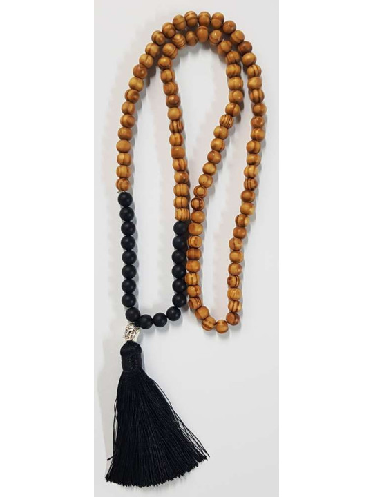 Buddhistische Halskette Holz und Onyx mit Buddha-Amulett