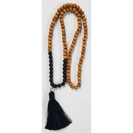 Buddhistische Halskette Holz und Onyx mit Buddha-Amulett