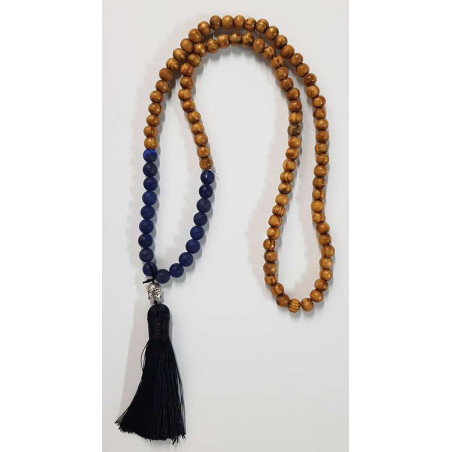 Buddhistische Halskette Holz und Sodalith mit Buddha-Amulett
