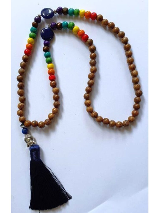 Buddhistische Halskette 7 Chakra Holz und Sodalith mit Buddha-Amulett
