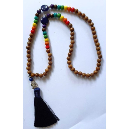 Buddhistische Halskette 7 Chakra Holz und Sodalith mit Buddha-Amulett