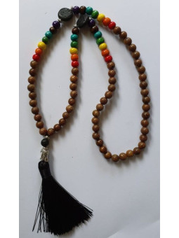 Buddhistische Halskette 7 Chakra Holz und Vulkanstein mit Buddha Amulett