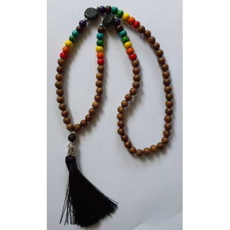 Buddhistische Halskette 7 Chakra Holz und Vulkanstein mit Buddha Amulett