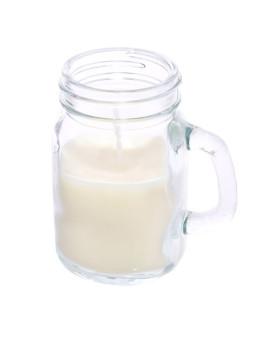 Citronella Kerze in kleinem Glasgefäß. 8 cm hoch und 5 cm Durchmesser