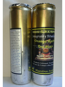 Chango Macho Sonderwunsch Kerze, Gold-Silber. Viel Glück