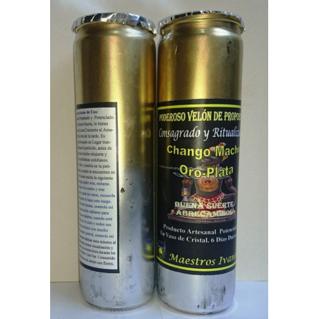 Chango Macho Sonderwunsch Kerze, Gold-Silber. Viel Glück