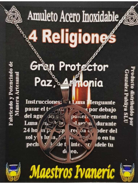 Handgefertigter Edelstahl-Talisman 3,2 cm, 4 Religionen, Frieden, Harmonie, großer Schutz