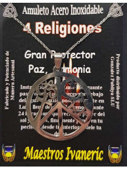 Handgefertigter Edelstahl Talisman 3,9 cm, 4 Religionen, Frieden, Harmonie, Großer Schutz
