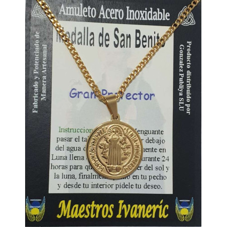 Großer handgefertigter Talisman aus goldenem Edelstahl, Heiliger Benedikt, Großer Beschützer