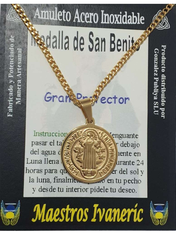 Großer handgefertigter Talisman aus goldenem Edelstahl, Heiliger Benedikt, Großer Beschützer