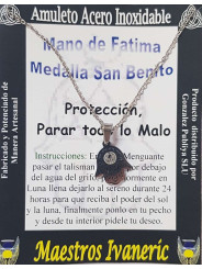 Handgefertigter Edelstahl Talisman Hand der Fatima mit Medaille Sankt Benedikt