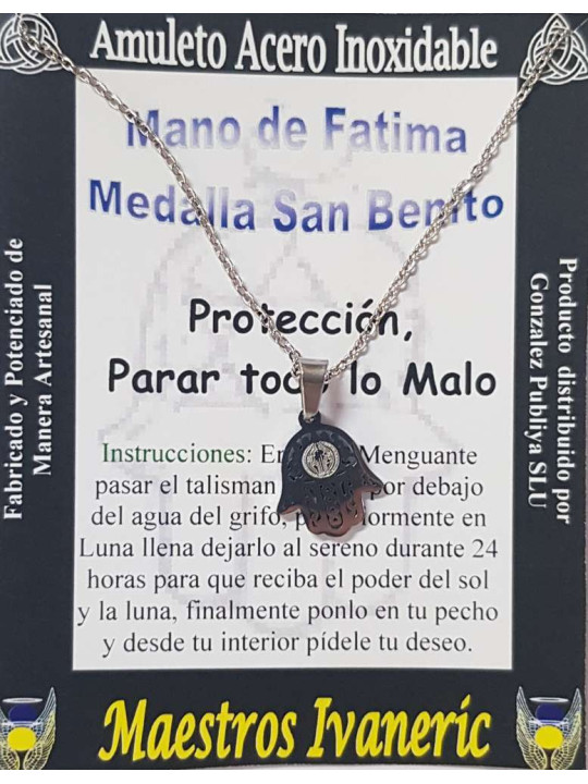 Handgefertigter Edelstahl Talisman Hand der Fatima mit Medaille Sankt Benedikt