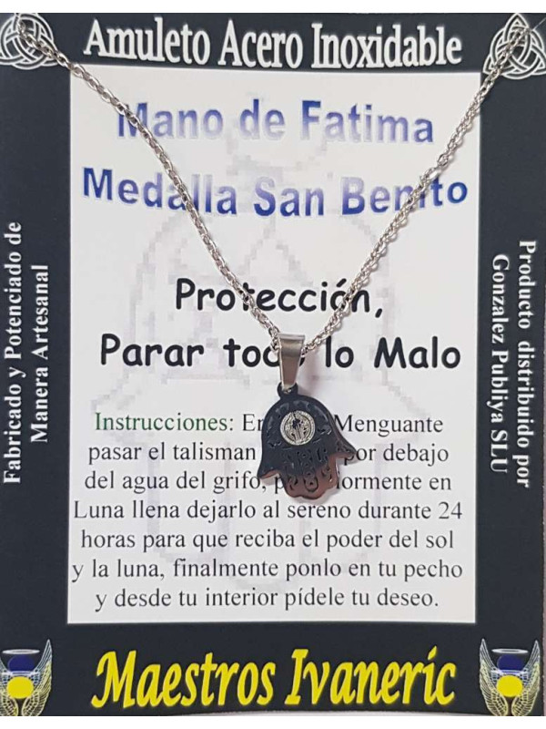 Handgefertigter Edelstahl Talisman Hand der Fatima mit Medaille Sankt Benedikt