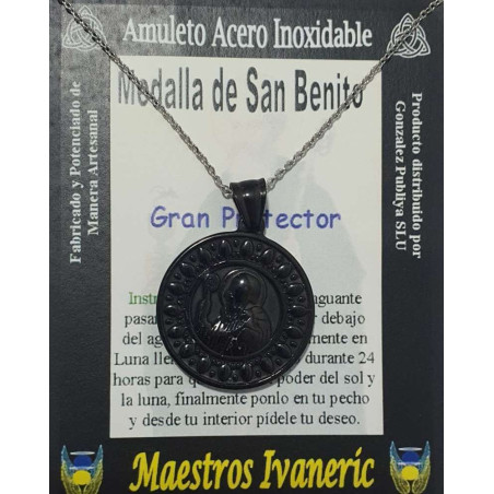 Handgefertigter Talisman aus schwarzem Edelstahl, Heiliger Benedikt, Großer Beschützer