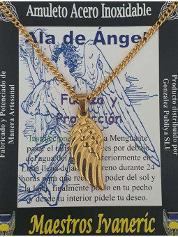 Goldener handgefertigter Engelsflügel-Talisman aus Edelstahl. Stärke und Schutz.