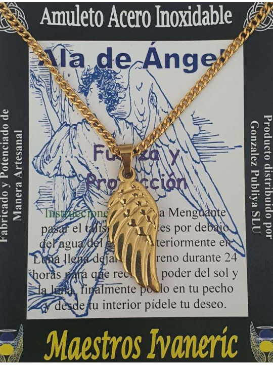 Goldener handgefertigter Engelsflügel-Talisman aus Edelstahl. Stärke und Schutz.