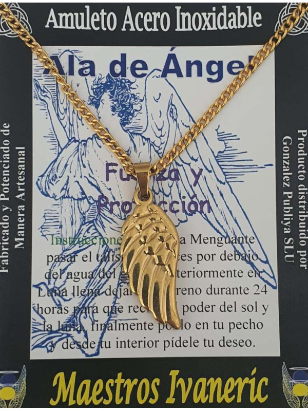 Goldener handgefertigter Engelsflügel-Talisman aus Edelstahl. Stärke und Schutz.