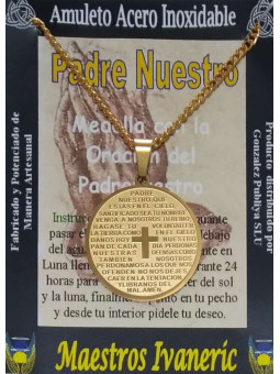 Großer handgefertigter Talisman aus vergoldetem Edelstahl, Medaille mit Vaterunser, 3,3 cm Durchmesser