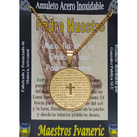 Großer handgefertigter Talisman aus vergoldetem Edelstahl, Medaille mit Vaterunser, 3,3 cm Durchmesser